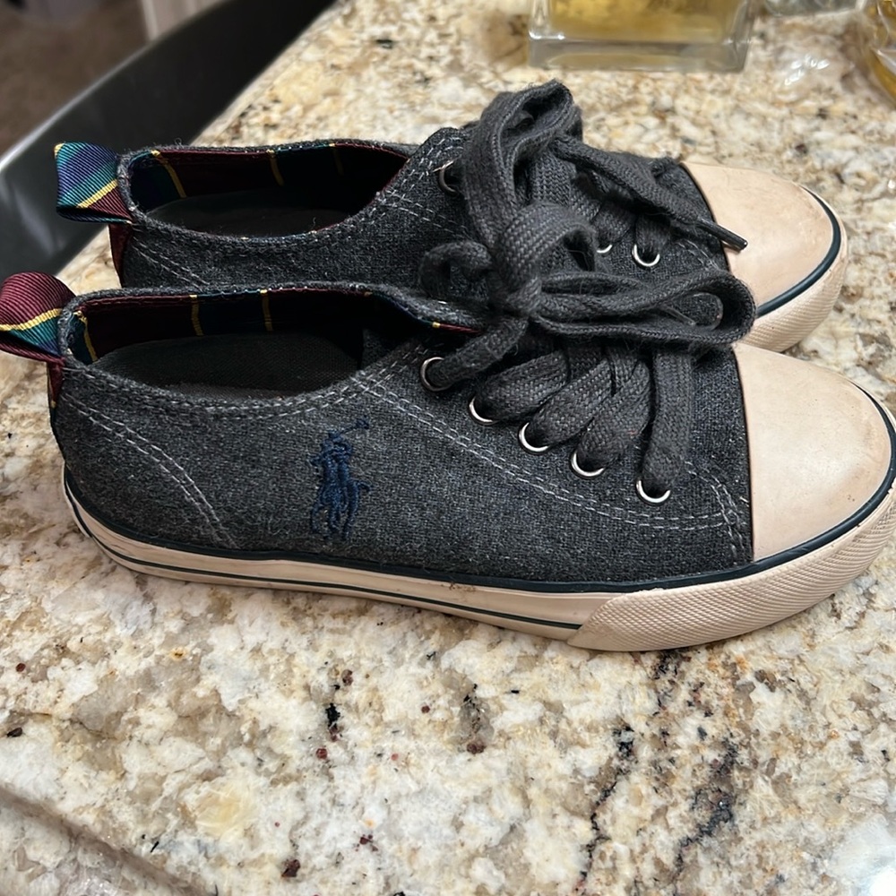 Kids Polo Ralph Lauren Gray Wool Tennis Shoes Size 11 1/2 Striped Accents